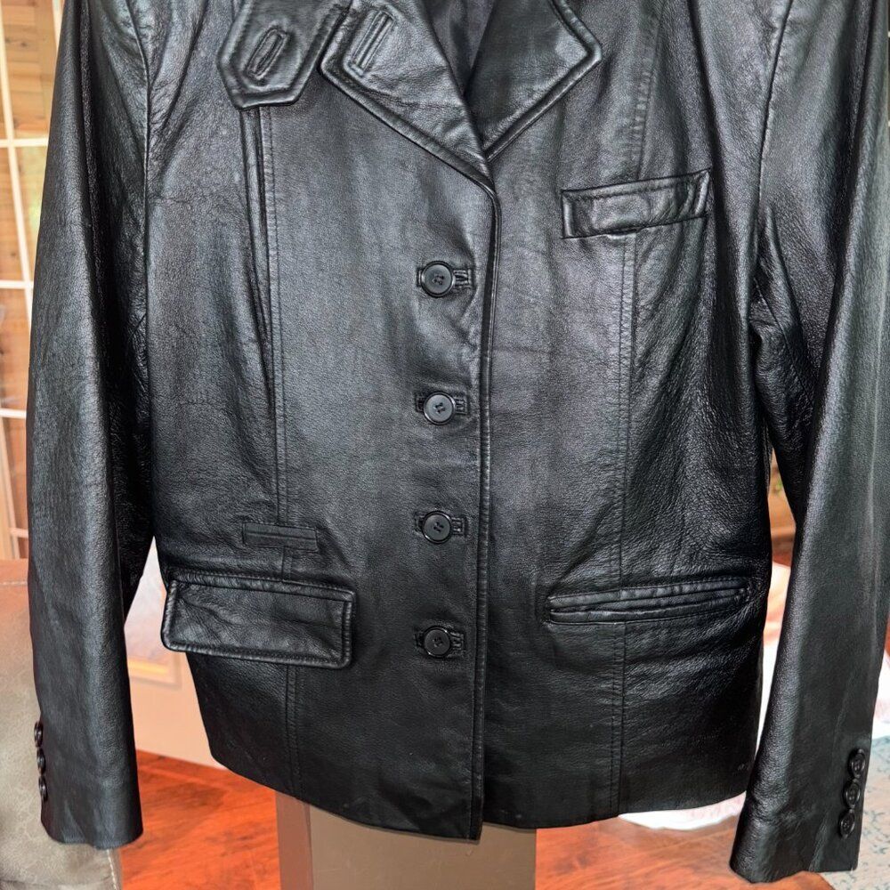 Leather Jacket Women L Size 12 Black Button Down Warm Pristine Biker Moto 50’s - Picture 8 of 13